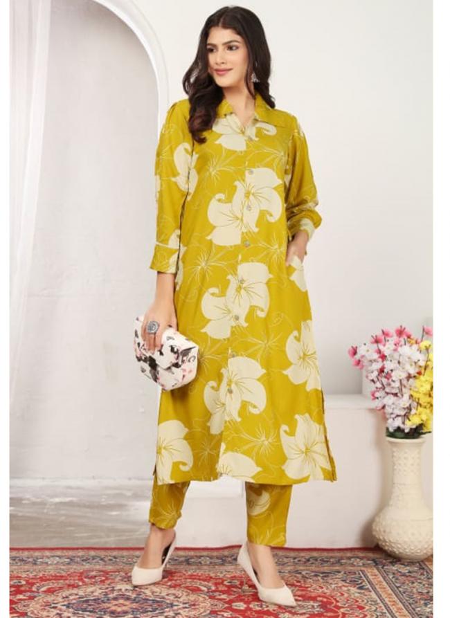 Rayon Yellow Daily Wear Printed Readymade Cord Set